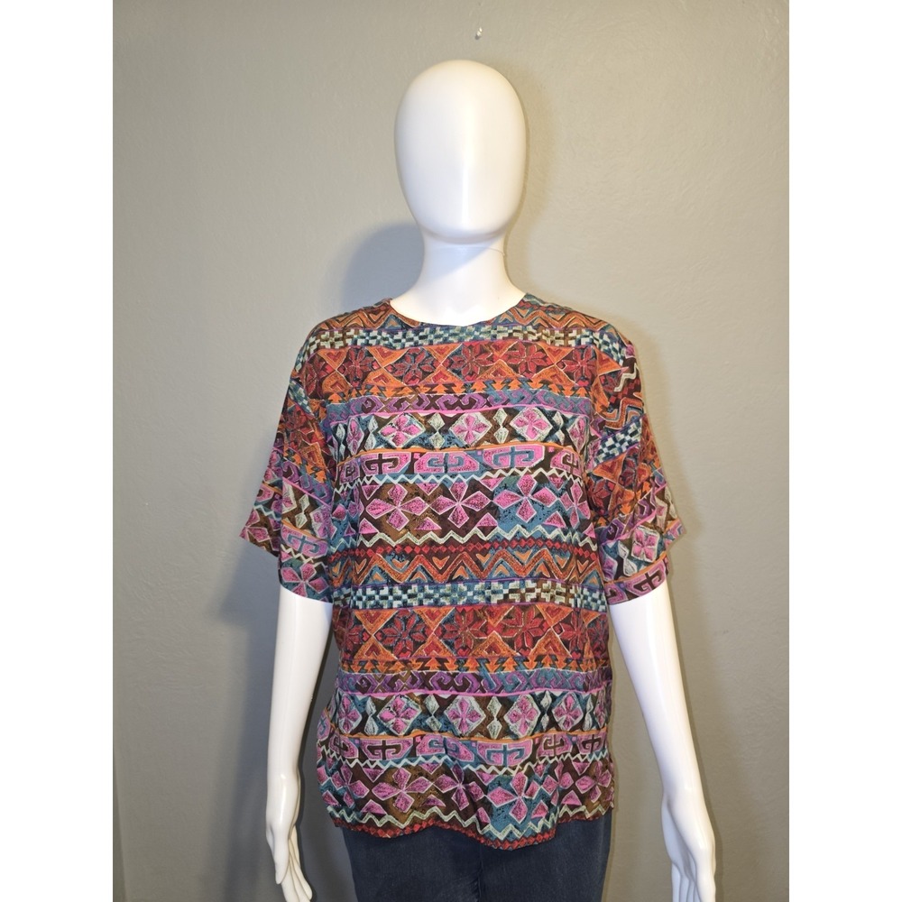 Vintage STUNT 100% Silk Bright Colors Geometric Print Artsy Blouse Boho Sz L